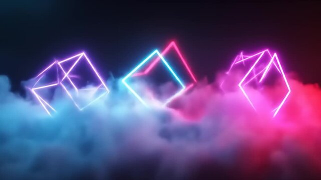 Vibrant neon light boxes hover above a dramatic cloud of smoke.