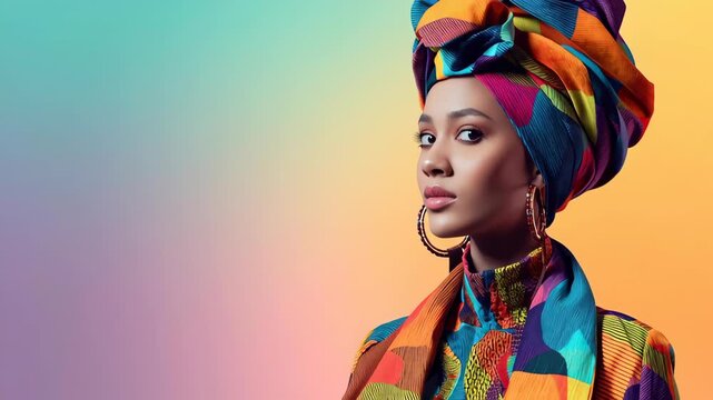Colorful headwrap vibrant scarf patterned clothing hoop earring elegant woman profile gradient background fashion cultural pride modern style