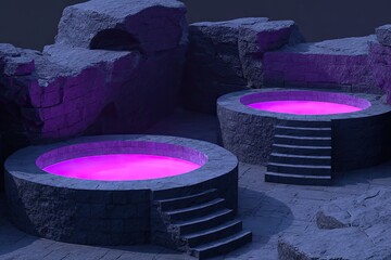 Two circular pools, amethyst-hued, nestled within grey stone formations