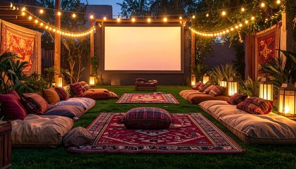 Experience magical outdoor movie nights with plush seating and enchanting string lights creating a cozy, intimate atmosphere for unforgettable gatherings under the stars.