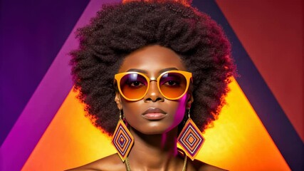 Confident woman with afro hairstyle wearing orange sunglasses and geometric earrings, posing against colorful vibrant background, stylish modern - Powered by Adobe