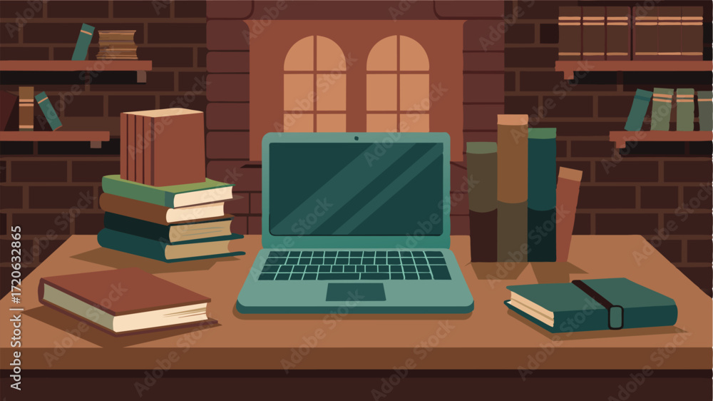 Poster a sleek laptop p on a rustic table next to a stack of worn leatherbound books in a historic forts li