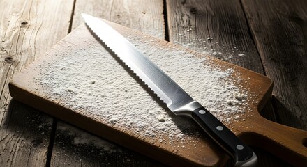 Bread knife resting on a rustic wooden cutting board dusted with flour, ready for baking.