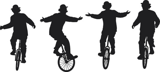 Clown riding unicycle, circus performance, comedy act, street entertainer, balance stunt, funny silhouette, vintage style, skill show, juggling mime illustration vector