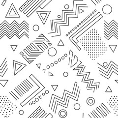 Monochrome geometric pattern featuring triangles circles zigzags and dotted shapes design