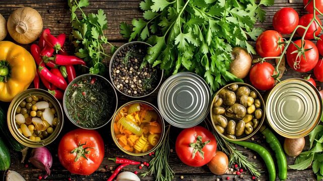 Assorted fresh vegetable canned food herb tomato cucumber pepper onion with zucchini garlic parsley and spices rustic wooden table healthy cooking