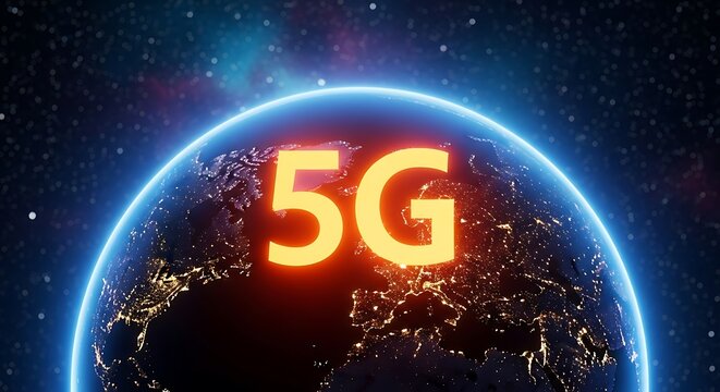 A glowing 5G symbol illuminates the Earth in space, showcasing global connectivity.