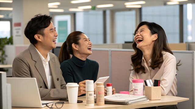 Co-workers Sharing Lip Balm during Coffee Break. Woman touching up lip balm in sunlit co-working space—real beauty routine with genuine smile.