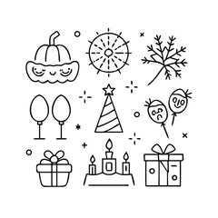 &ldquo;Minimal outline festive icons &mdash; Christmas tree, gift box, fireworks, birthday cake, balloons, candle, champagne, Easter egg, Halloween pumpkin &mdash; thin stroke vector style.&rdquo;