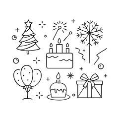 &ldquo;Minimal outline festive icons &mdash; Christmas tree, gift box, fireworks, birthday cake, balloons, candle, champagne, Easter egg, Halloween pumpkin &mdash; thin stroke vector style.&rdquo;