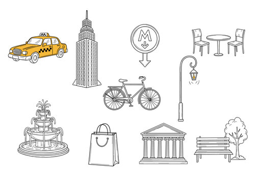 Set of  city icons in hand drawn doodle style. Vector illustration with taxi, skyscraper, metro sign, cafe table, streetlight, bicycle, fountain, shopping bag, museum, park bench