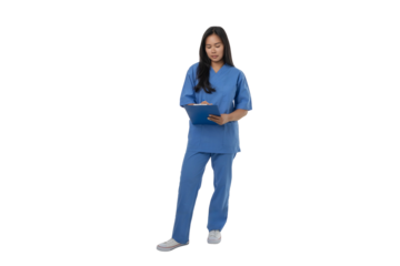 Doctor in scrubs records patient info, isolated on white, PNG
