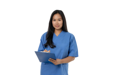 Health worker with clipboard for patient, isolated on white, PNG