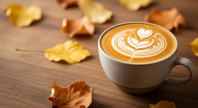 Warm cup of latte coffee with intricate heart art, nestled on a textured wooden table adorned with colorful autumn leaves, evoking cozy fall feelings.
