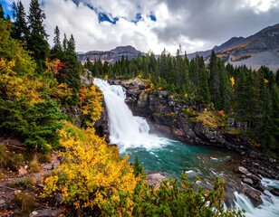 Autumn waterfall cascading through a rocky canyon
