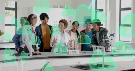 Placing rack on bench, science instructor guiding students visualizing cloud data with green icons - Powered by Adobe