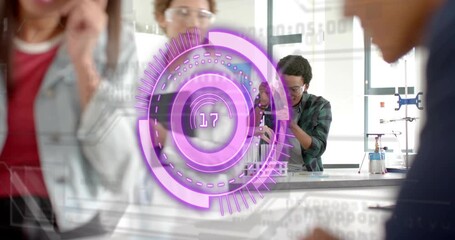 Lab student pipetting when purple interface appearing guiding classmates through assay progression - Powered by Adobe