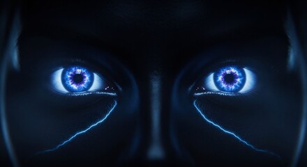 Eerie AI eyes portrait, bright blue, electric energy. Perfect for technology, science, futuristic concepts. Ideal for book covers, web banners, AI design projects.