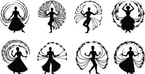 Female fire dancer silhouettes, flame performance art, circus dance illustration, spinning fire fans, cultural festival entertainment, artistic movement vector, traditional performance clipart