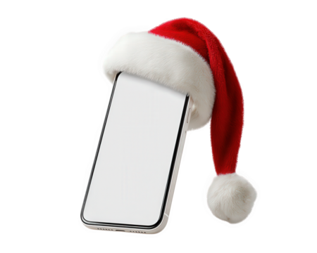 Smartphone with blank screen wearing red Santa hat, festive holiday concept, isolated on transparency background, cheerful and modern Christmas digital celebration, winter season