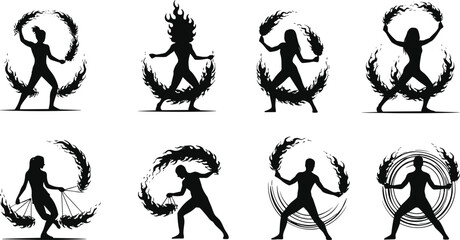 Fire dancer silhouettes, flame performance art, circus performer illustration, spinning fire rings, dance movement vector, festival entertainment, fiery artistic expression clipart