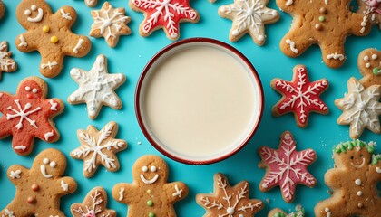 flat lay of a variety of holiday-themed cookies, including gingerbread men and frosted snowflakes. A bowl of warm milk is at the center of the shot. The scene is brightly lit and fun. 