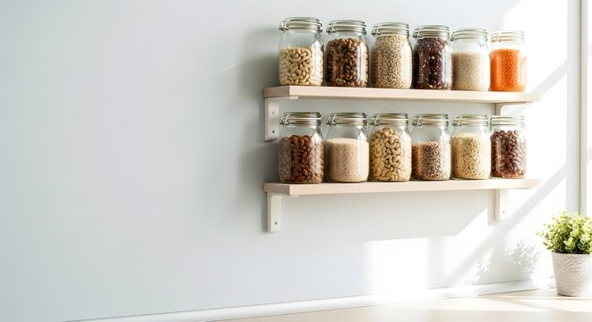 Organized pantry with glass jars filled with various grains, legumes, and nuts on a light wooden shelf against a white wall, showcasing a healthy and minimalist kitchen storage solution.