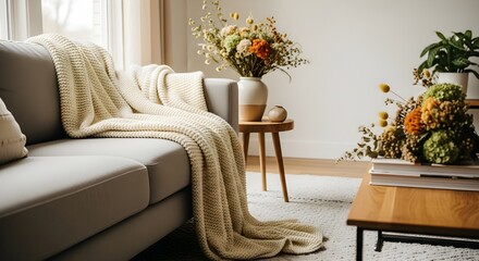 Cozy living room interior with a neutral-toned sofa, knitted throw, dried flowers, and warm sunlight, creating a relaxing home atmosphere.