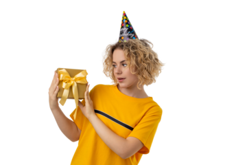 Woman looks at a beautifully wrapped gift box, isolated on white, PNG