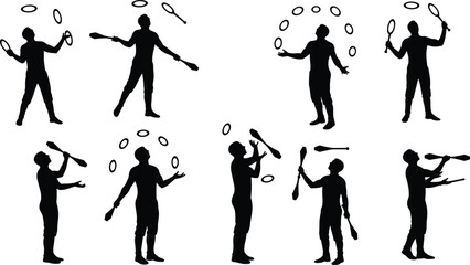 Juggler silhouette, circus performer, juggling rings and clubs, entertainment show, street artist action, skill performance vector, balance coordination illustration design