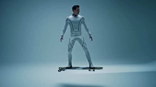 Man In White Futuristic Suit Hoverboarding In Studio With Blue Lighting