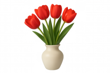 Vase of vibrant red tulips with green stems and leaves, creating a fresh and romantic bouquet. Transparent background