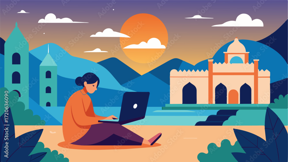 Poster a digital nomad finds peace and quiet in a serene monastery courtyard basking in the warm rays of th