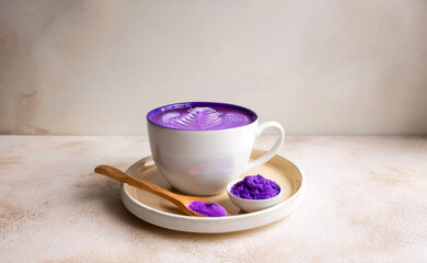Ube latte in white ceramic cup with purple ube powder in wooden spoon and small white bowl filled with ube powder on white cream vintage background. minimalist Japanese style. Generated image