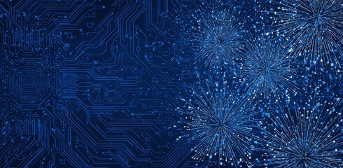 Deep blue image with circuit board design to the left; radial bursts of lines and dots to the right, resembling fireworks or neural networks