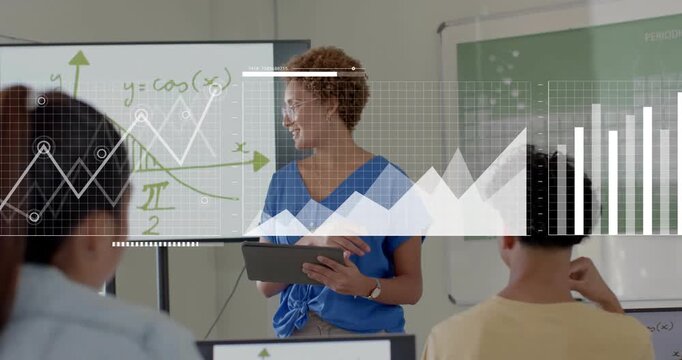 Educator tapping tablet, pointing at cosine curve, generating animated data overlays for education