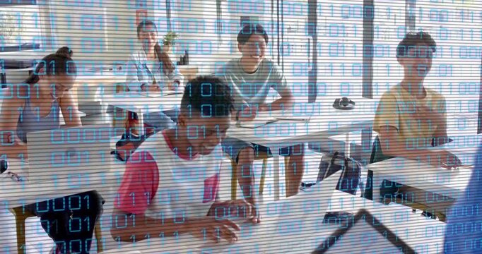 Instructor gesturing toward tablet, initiating coding with binary overlay while student reaching