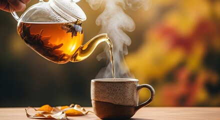Warm Autumn Tea: Pouring hot tea into a rustic mug, surrounded by fallen leaves, creating a cozy and relaxing fall atmosphere.