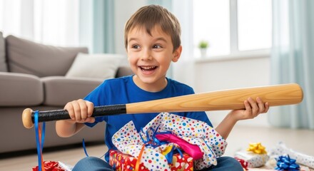 Excited boy with gifts and baseball bat at home celebration
