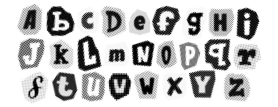 Black halftone alphabet. Retro pixelated letters design. Comic pop art cut out font. Old-fashioned newspapers typography set. Rasterized bitmap English alphabet. Aged textured dotted abc. Vector
