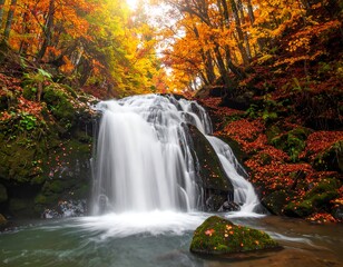 Autumn waterfall cascading through colorful forest