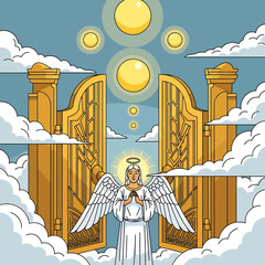 Angel at Golden Gates with Halo and Clouds in Heaven Illustration