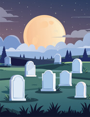 Tombstones in a graveyard at midnight