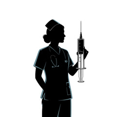 Silhouette of a Nurse Holding a Large Syringe Ready for Injection