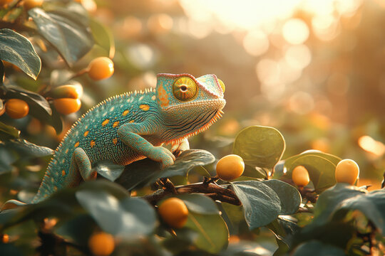 A chameleon blending into leaves with its vibrant colors.