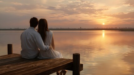 Romantic Couple Watching Sunset Together on Lake Dock