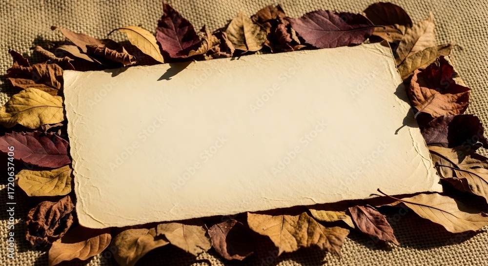 Wall mural blank paper surrounded by autumn leaves on a burlap background, creating a rustic frame for copy spa