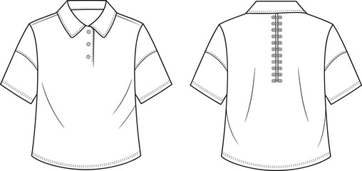 Short sleeve shirt fashion, decorative back button detail, partial front placket design, technical flat sketch, apparel vector illustration, garment construction drawing, clothing design CAD