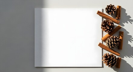 Blank white paper bordered by natural pinecones and aromatic cinnamon sticks on a light gray background, offering festive copy space.