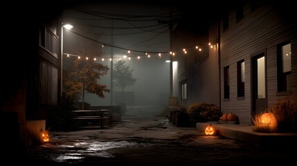 Halloween Night in a Foggy Alley with Jack-o'-Lanterns and Lights